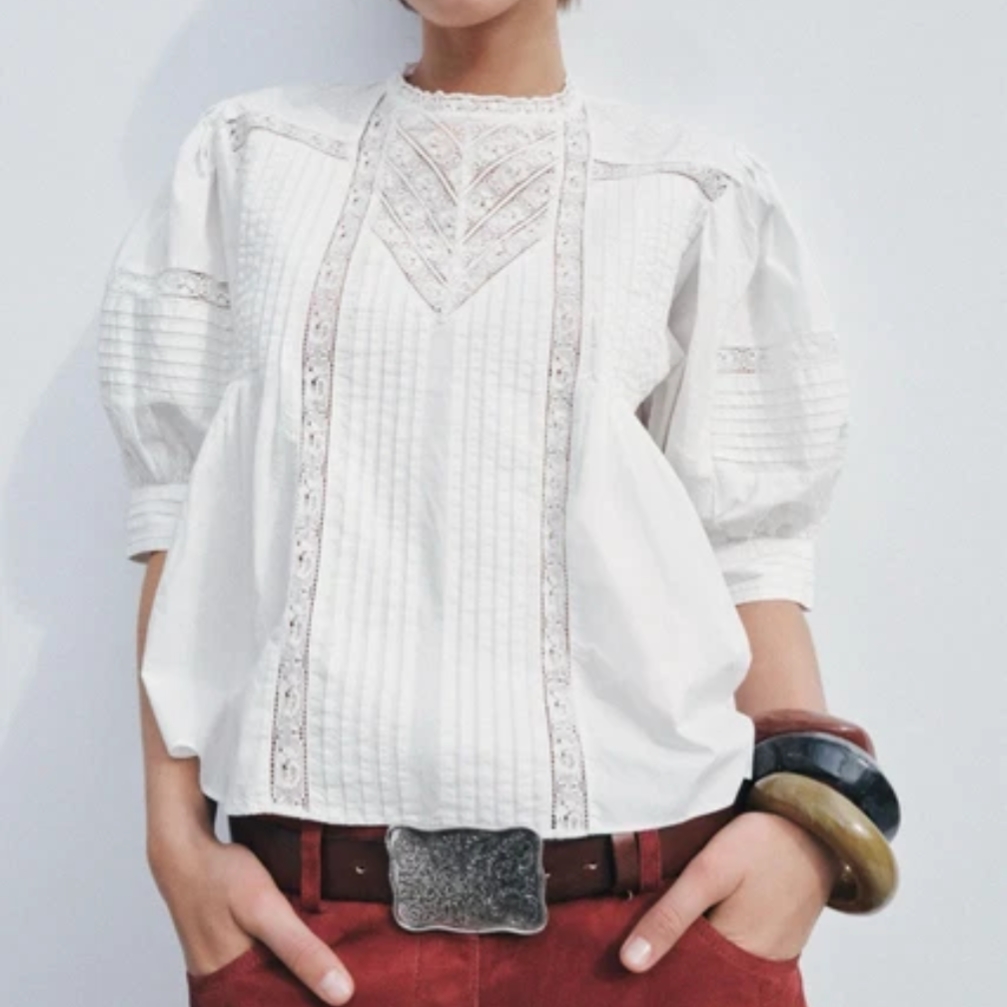 Zara Women White Romantic Embroidered Blouse Puffed Sleeves L Nwt 7521/042